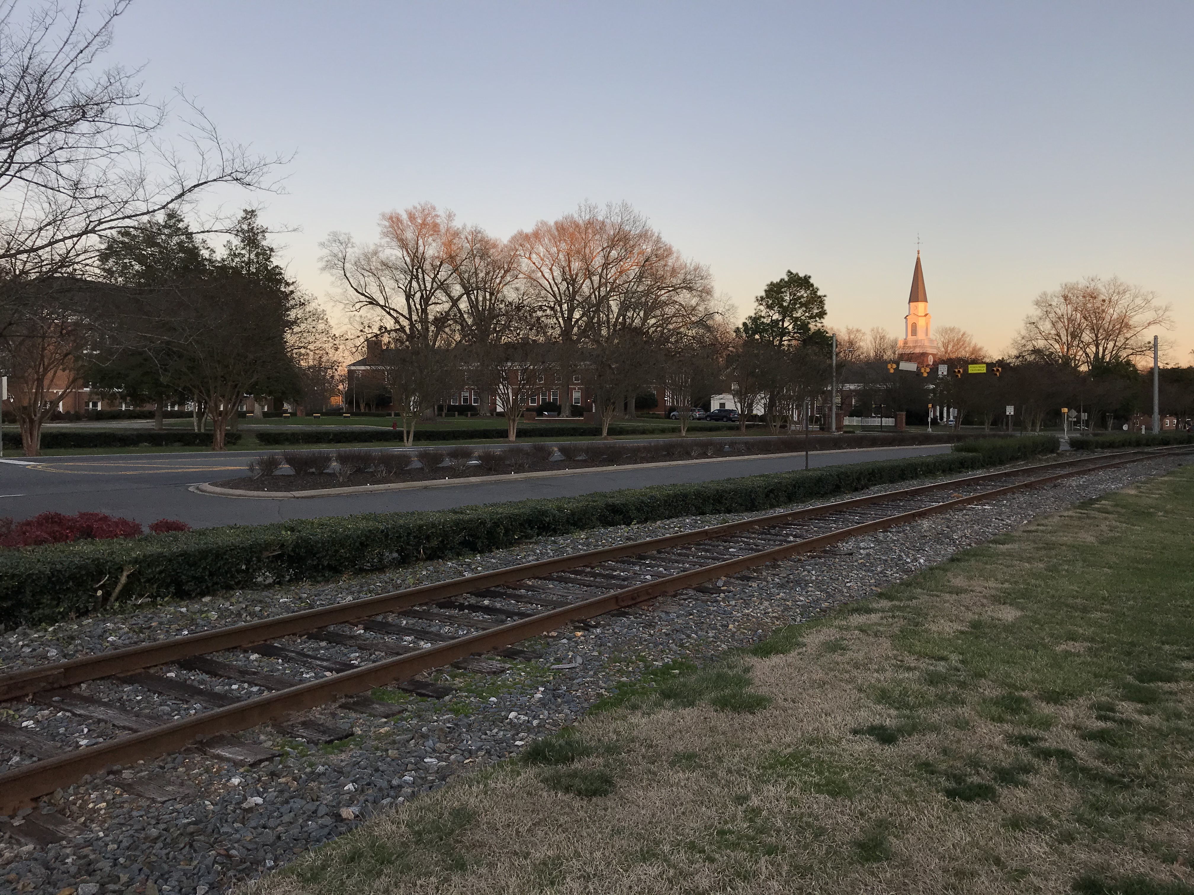 Pfeiffer University buildings with Norfolk Southern railway in foreground