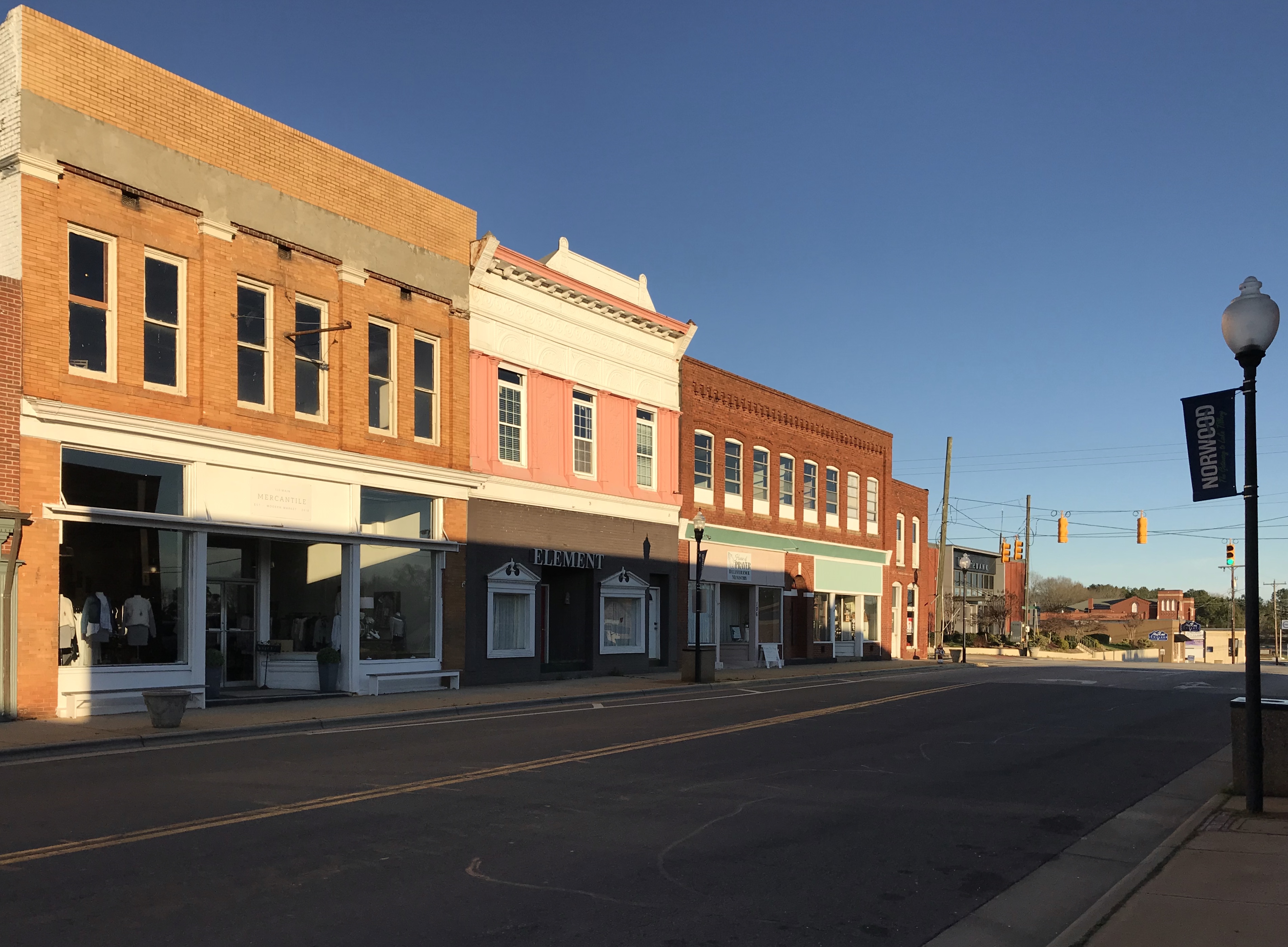Brick storefronts along Main Street in Norwood, North Carolina