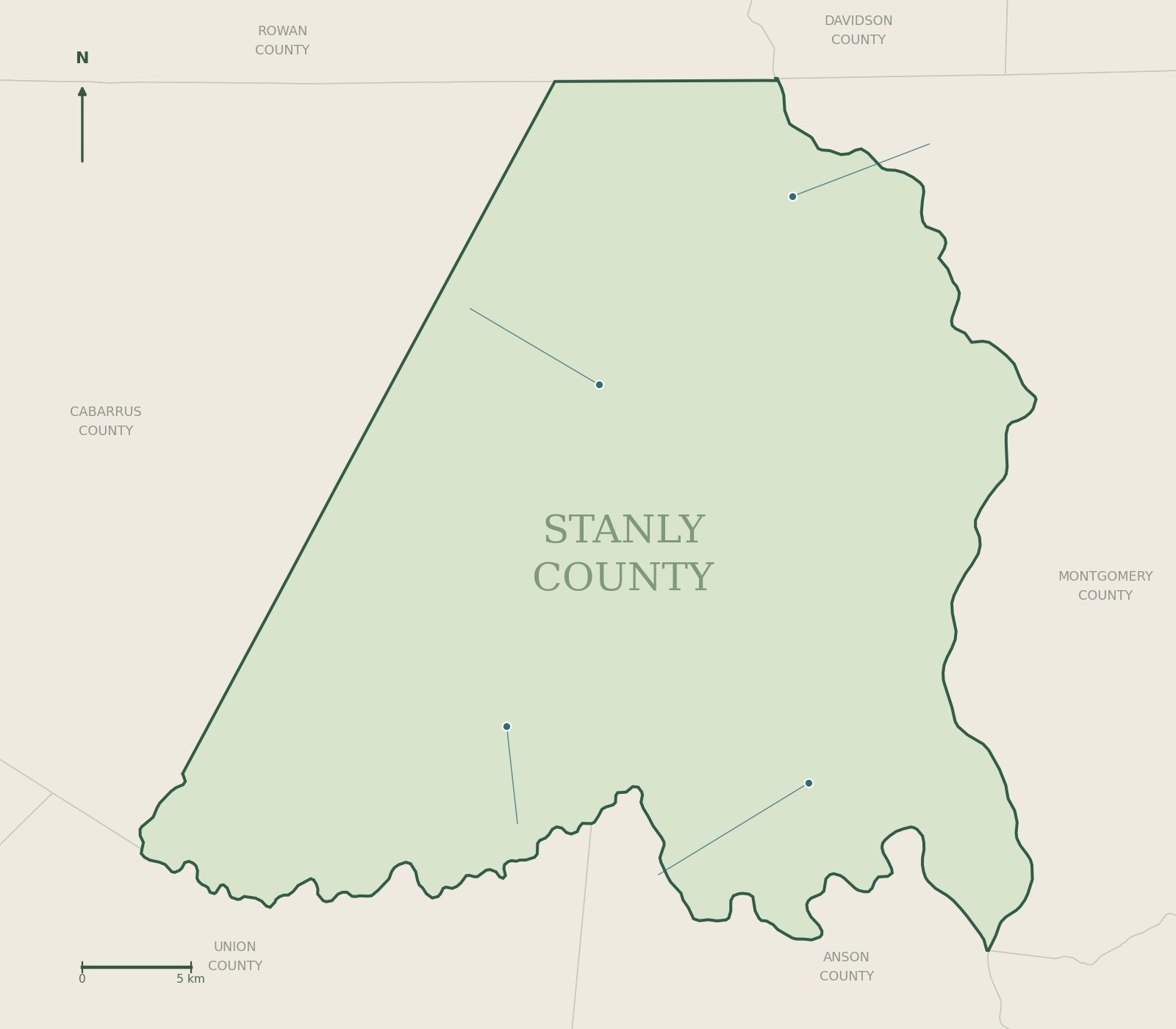Stanly County boundary with four verified wedding venue locations. Numbered links and complete addresses follow.